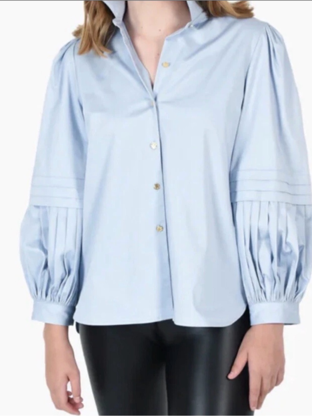 Emily McCarthy Blue Oxford Shirt Small Puff Sleeve Quiet Luxury Coastal Preppy